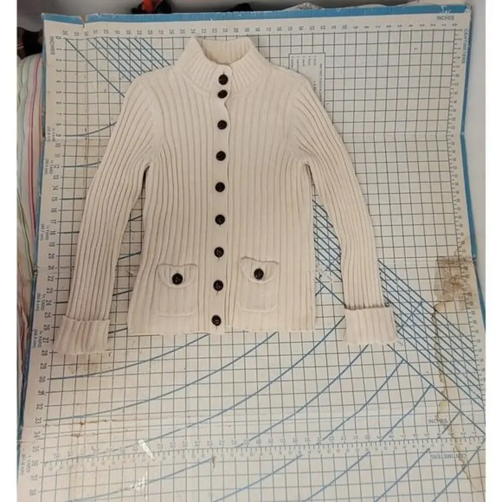 Eight Eight Eight Off White Rib Knit Button Down Academia Cardigan Sweater‎